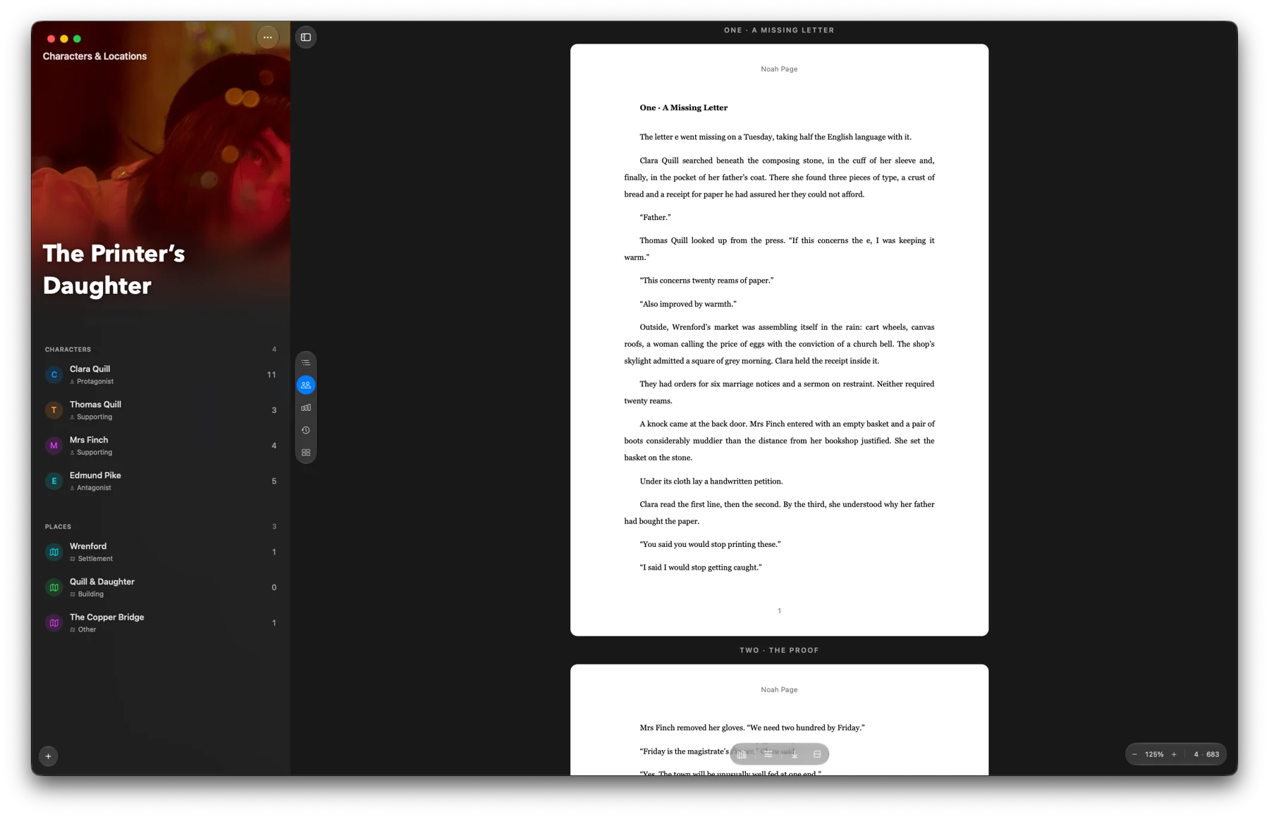 Sonetia’s manuscript editor with The Printer’s Daughter open and its characters listed beside the page