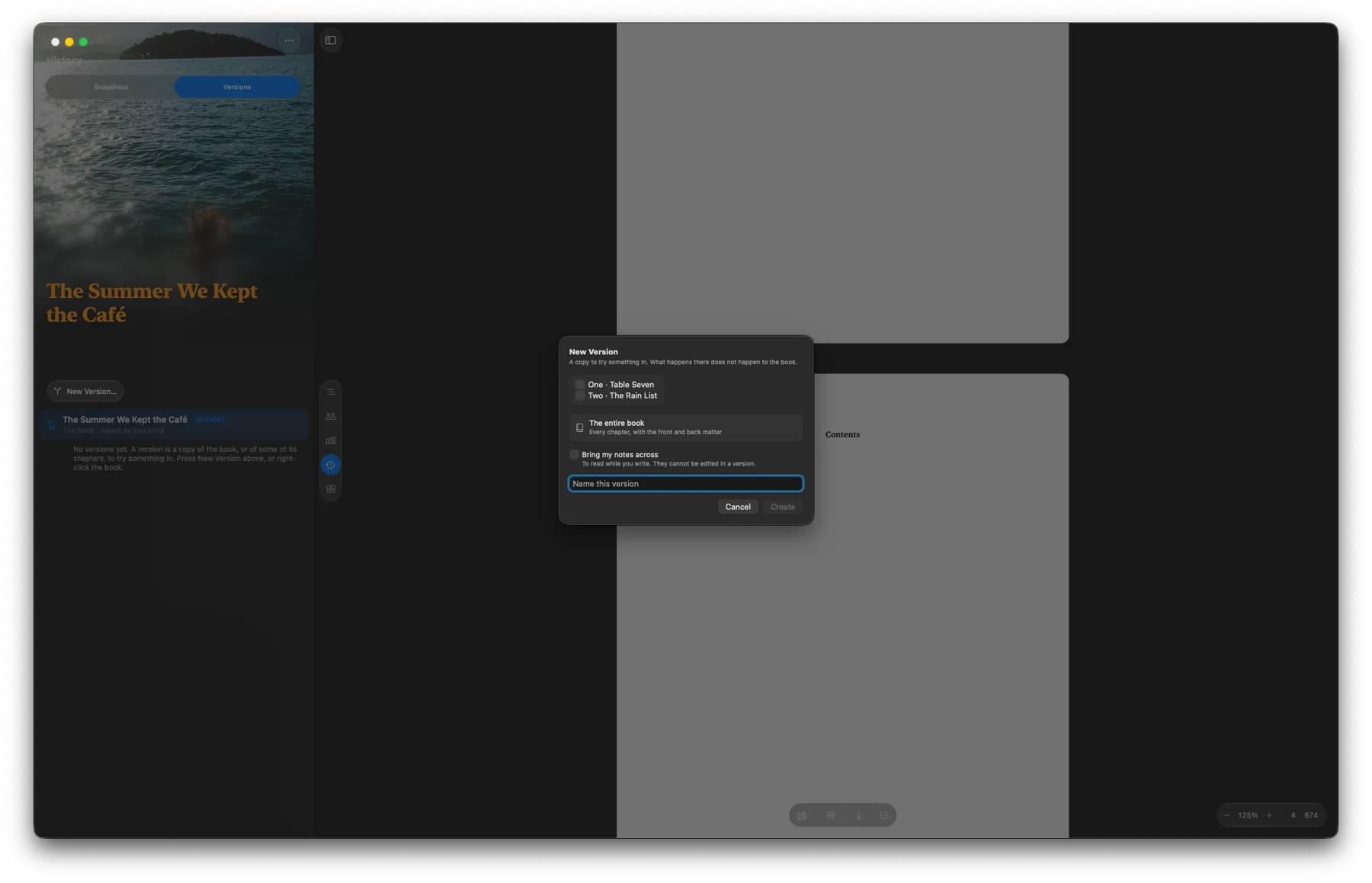 Sonetia’s New Version dialog over the manuscript